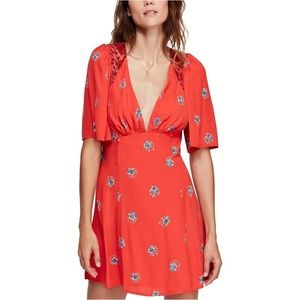 NWT Free People Mockingbird red dress short sleeves lace floral 6 ladies